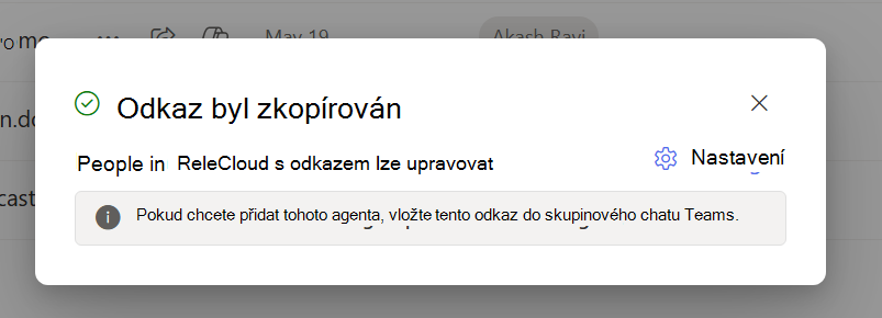 Dialogové okno informující uživatele, že se jim odkaz ke sdílení zkopíroval do schránky.