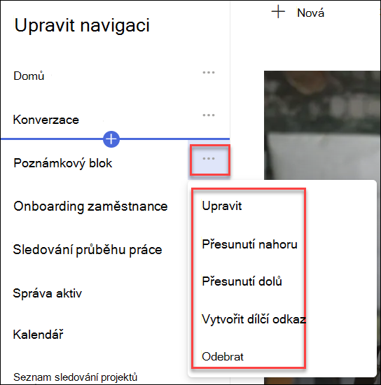 snímek obrazovky s místní nabídkou navigace