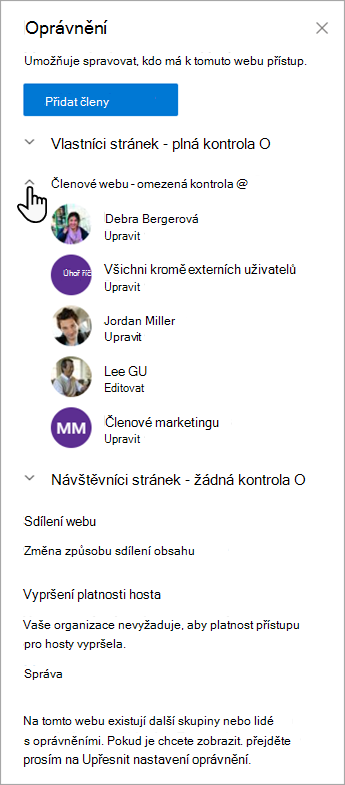Dialogové okno Oprávnění, které umožňuje spravovat členy a jejich úrovně oprávnění.