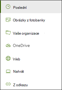 Seznam umístění, která jsou k dispozici při přidávání odkazu.