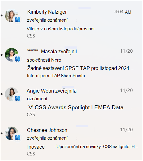 snímek obrazovky se seznamem oznámení o novinkách