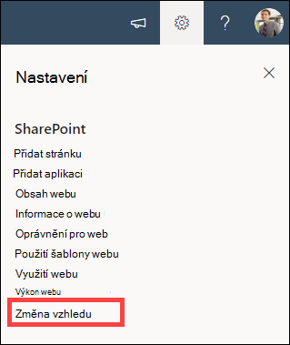 Otevřená možnost Nastavení se zvýrazněnou možností Změna vzhledu