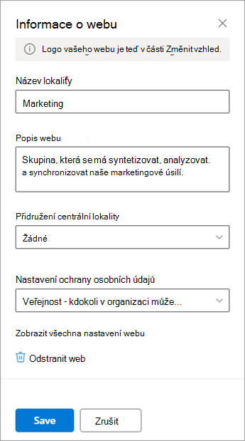 Možnosti nastavení Informace o webu pro týmový web.