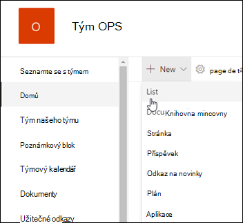 Nový seznam SharePointu