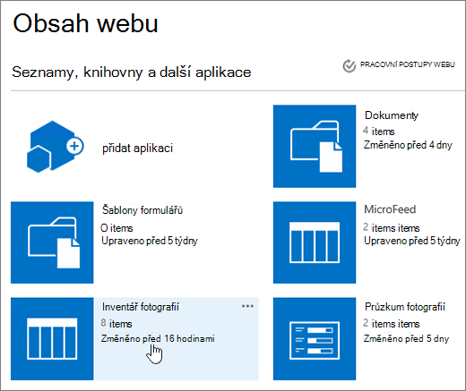 Stránka Obsah webu s vybraným seznamem