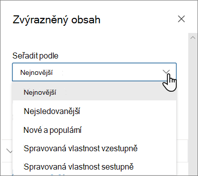 Možnosti Seřadit podle u webové části Zvýrazněný obsah v moderním prostředí SharePointu