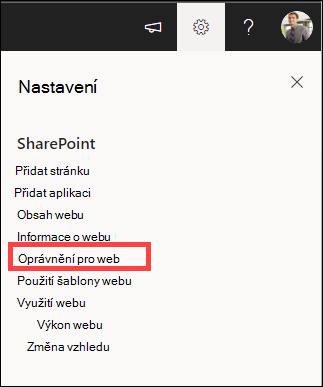 Nastavení se zvýrazněnými oprávněními pro web.