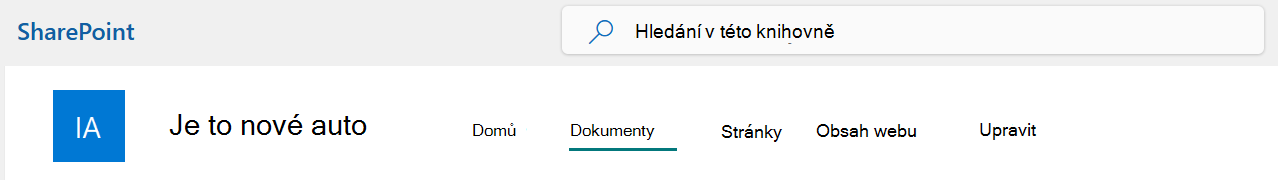 Nabídka na horním panelu webu SharePointu s vybranou možností Dokumenty.