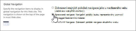 Nastavení globální navigace s vybranou možností spravované navigace