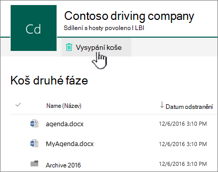 SharePoint Online koše druhé úrovně se zvýrazněným tlačítkem Vysypat koš