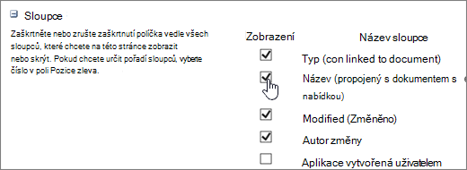 Dialogové okno Výběr sloupců
