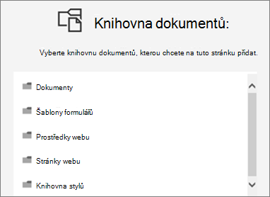 Výběr knihovny dokumentů, kterou chcete umístit na stránku