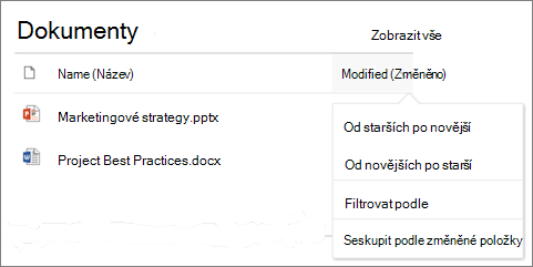 Webová část Knihovna dokumentů s nabídkou řazení, filtrování a seskupení