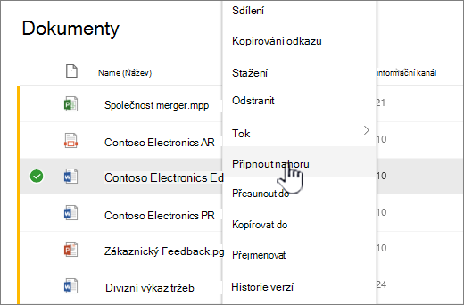 Kliknutím na Připnout nahoru zvýrazníte dokument.