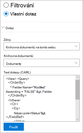 Vlastní nastavení dotazů