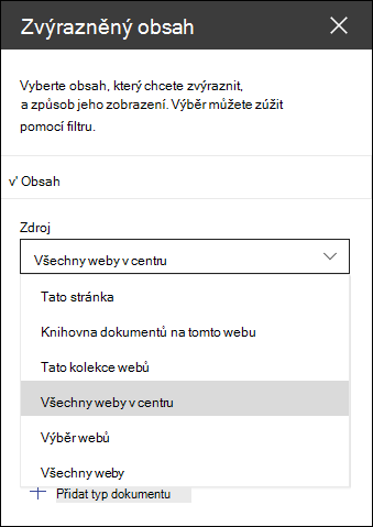 Podokno nástrojů webové části Zvýrazněný obsah
