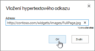 Dialogové okno Hypertextový odkaz s webovou adresou a zvýrazněným tlačítkem OK