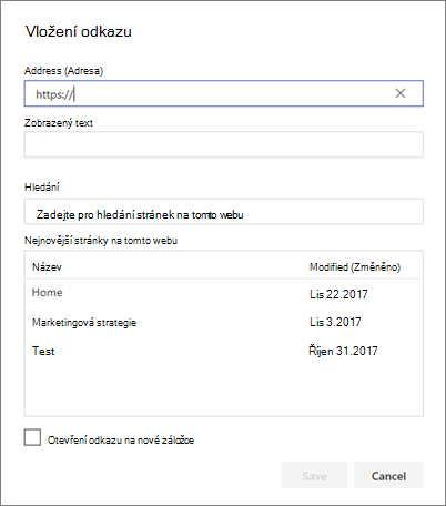 Dialogové okno Vložit odkaz