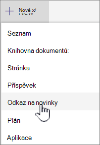 Výběr odkazu Zprávy v nabídce + Nové