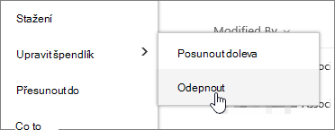 Zvýraznění souboru se zvýrazněnou možností Upravit špendlík a Odepnout