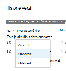 Nabídka položky verze
