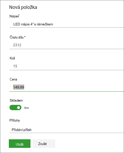 Formulář s jednou položkou pro seznam