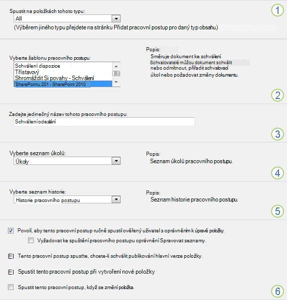 Přidání základních informací pracovního postupu s vyznačenými oddíly