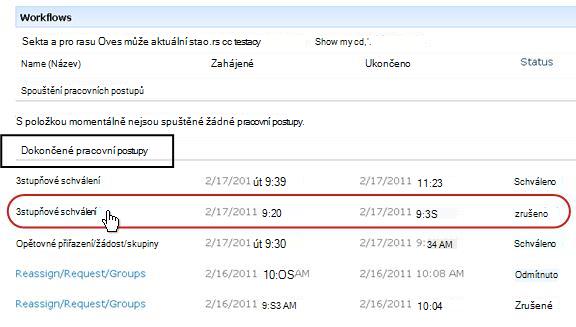 Seznam Dokončené pracovní postupy na stránce Pracovní postupy položky