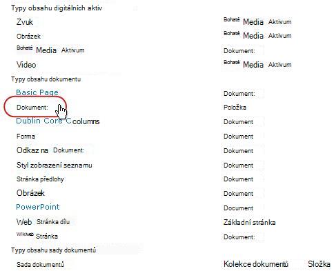 Typy obsahu dokumentu s vyznačeným typem