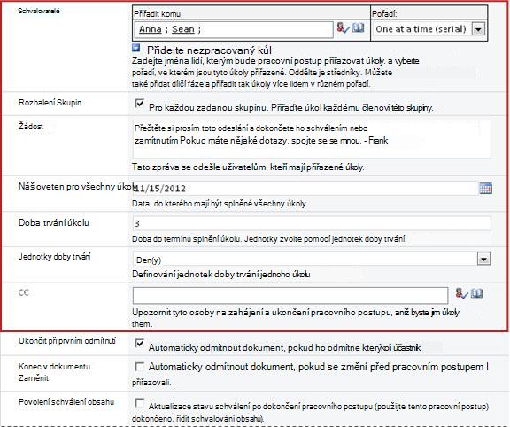Formulář pro zadávání informací specifických pro spuštění