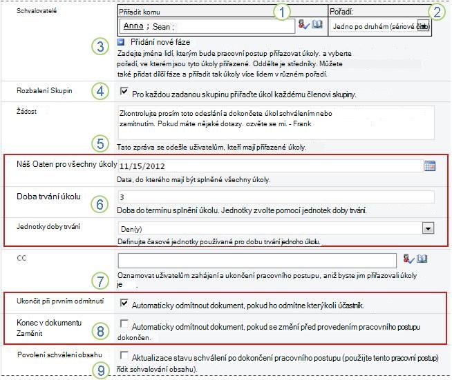 Výchozí hodnoty pro přidání pracovního postupu s vyznačenými poli