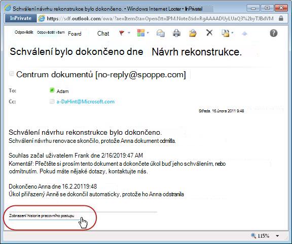 Oznámení o dokončení pracovního postupu se zvýrazněným odkazem na historii