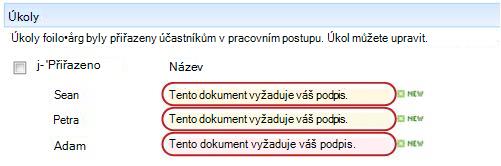 Identifikační text v názvu úkolu na stránce Stav pracovního postupu