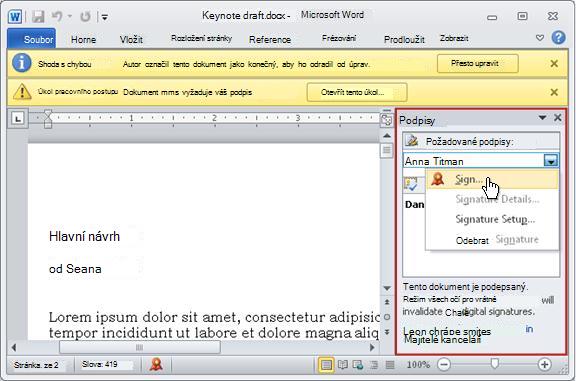Položka s otevřeným podoknem Podpisy