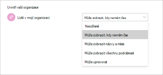 Snímek obrazovky znázorňující různá přístupová oprávnění při sdílení kalendáře v Teams.