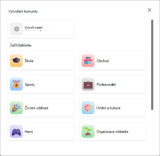 Snímek obrazovky s tlačítky pro vytvoření komunity se šablonou nebo bez ní v komunitách v Microsoft Teams (zdarma).