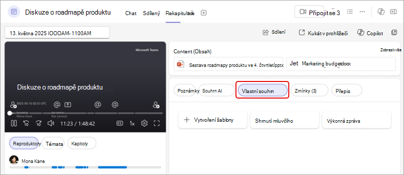 Snímek obrazovky zobrazující přizpůsobené shrnutí rekapitulace Teams se zvýrazněným tlačítkem Vlastní souhrn.