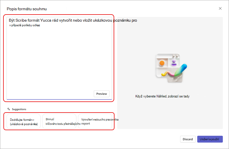 Snímek obrazovky, který zvýrazňuje textové pole, kde můžete popsat vlastní formát souhrnu rekapitulace.