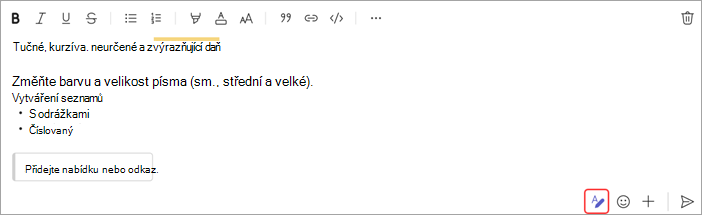 Snímek obrazovky s možnostmi formátování zprávy v chatu