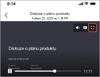 Klepnutím na ikonu celé obrazovky zobrazíte záznam schůzky přes celou obrazovku.