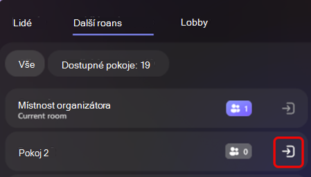 Snímek obrazovky znázorňující, jak můžou organizátoři měnit místnosti v imerzivní události.