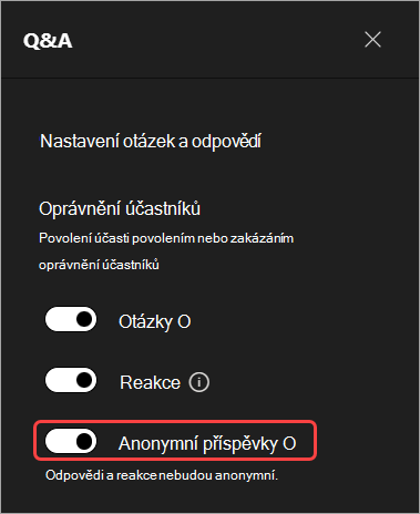 Snímek obrazovky se zvýrazněným uživatelským rozhraním pro skrytí jmen účastníků v otázkách&odpovědích