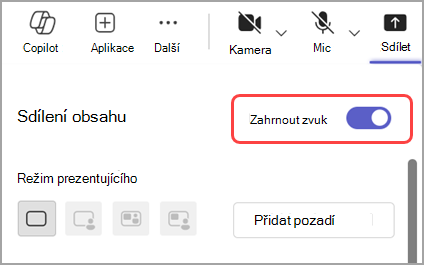 Zapnutím přepínače Zahrnout zvuk můžete sdílet zvuk z okna, které sdílíte.