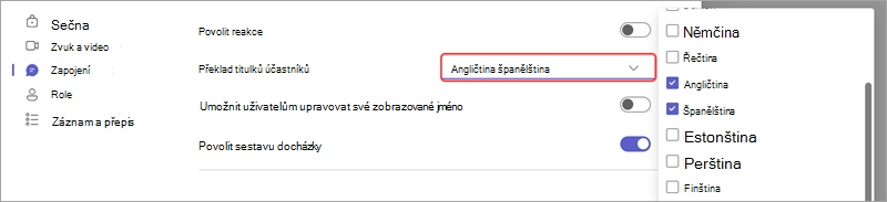 Možnost schůzky znázorňující, jak přidat jazyky pro živé přeložené titulky v události.