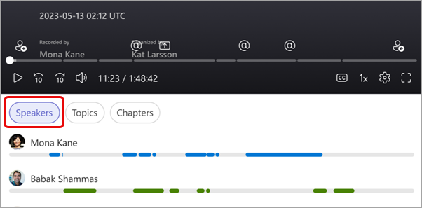 Zobrazení značek reproduktorů v rekapitulaci Microsoft Teams.