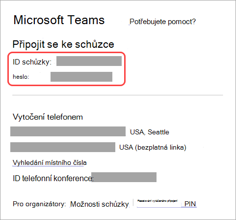 Snímek obrazovky, kde je vidět, kde najdete ID schůzky a heslo na pozvánce na schůzku.
