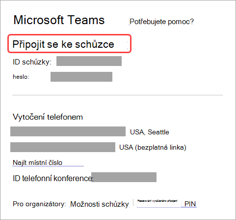 Snímek obrazovky znázorňující, jak se připojit ke schůzce z pozvánky.