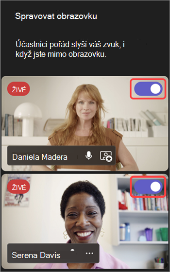 Snímek obrazovky zvýrazňující přepínač, přes který se lidé dostanou na obrazovku nebo z obrazovky.