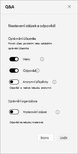 Snímek obrazovky znázorňující nastavení otázek a odpovědí na setkání se zaměstnanci