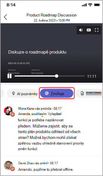 Zobrazení zmínek o jménech v rekapitulaci schůzky v Teams.